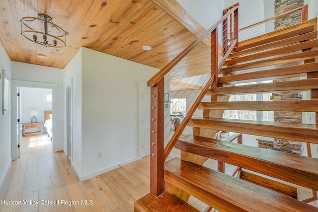 51 Houtman Rd, Saugerties, NY 12477 - stairs with an inviting chandelier, a wealth of natural light, hardwood / wood-style floors, and wooden ceiling