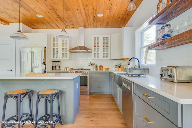 51 Houtman Rd, Saugerties, NY 12477 - kitchen featuring appliances with stainless steel finishes, a breakfast bar, wall chimney exhaust hood, wooden ceiling, and gray cabinetry