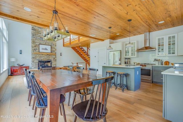 51 Houtman Rd, Saugerties, NY 12477 - dining area featuring stairway, wooden ceiling, a fireplace, and light wood-style flooring