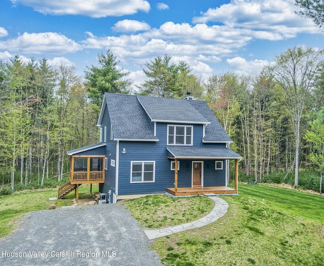 51 Houtman Rd, Saugerties, NY 12477 - view of front of house with roof with shingles, a porch, a front lawn, and stairway