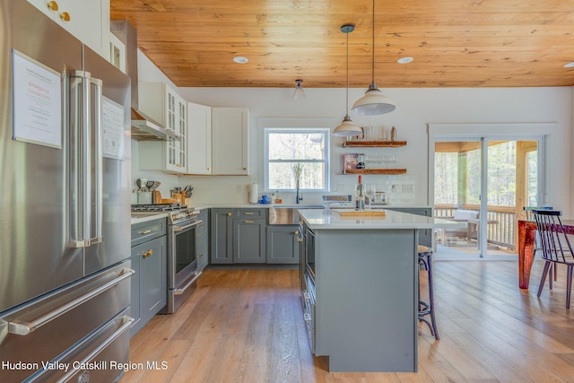 51 Houtman Rd, Saugerties, NY 12477 - kitchen with wood ceiling, gray cabinetry, a sink, light countertops, and stainless steel appliances