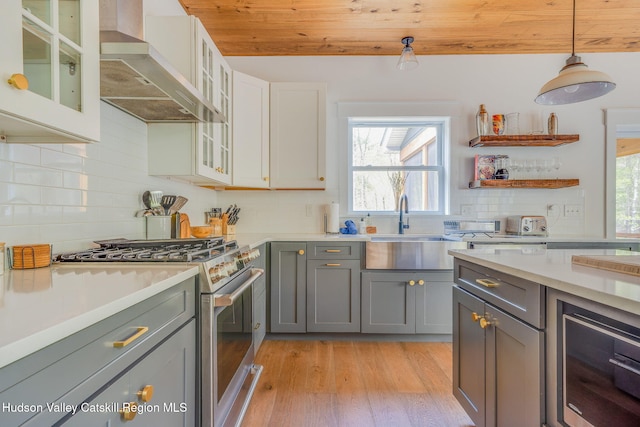 51 Houtman Rd, Saugerties, NY 12477 - kitchen featuring wall chimney range hood, light wood-style floors, tasteful backsplash, gray cabinetry, and high end stainless steel range oven