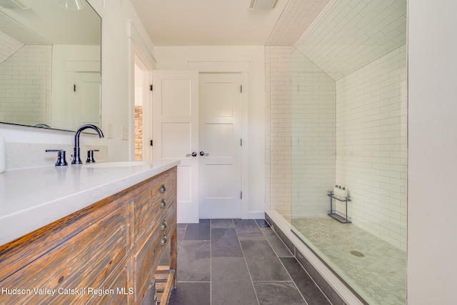 51 Houtman Rd, Saugerties, NY 12477 - full bath featuring vanity, lofted ceiling, and a shower stall