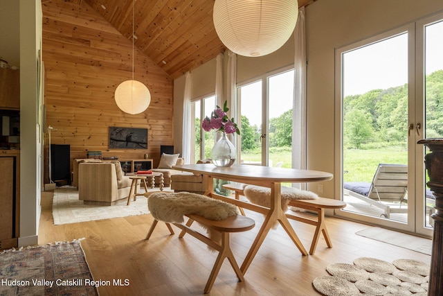 129 Krum Rd, Kerhonkson, NY 12446 - dining area featuring high vaulted ceiling, wooden ceiling, a glass covered fireplace, light wood-style flooring, and wooden walls