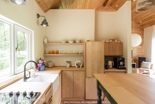 129 Krum Rd, Kerhonkson, NY 12446 - kitchen featuring wooden ceiling, black electric stovetop, open shelves, and high vaulted ceiling