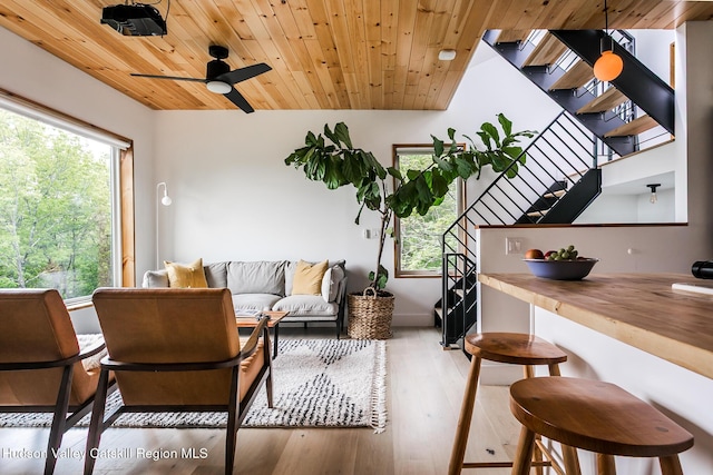 22 Skinner Ln, Catskill, NY 12414 - living room with wood finished floors, stairway, ceiling fan, and wooden ceiling