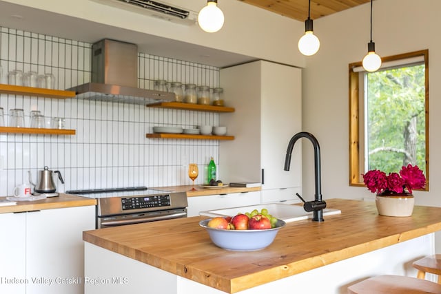 22 Skinner Ln, Catskill, NY 12414 - kitchen with wood counters, wall chimney exhaust hood, and open shelves