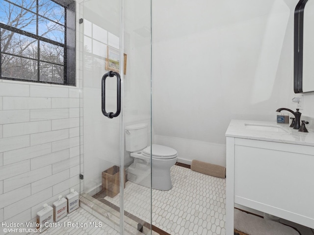 bathroom featuring toilet, a shower stall, tile patterned flooring, and vanity