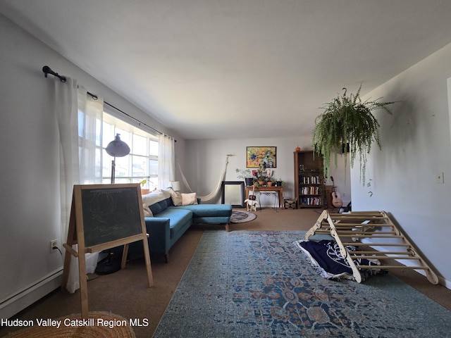 carpeted living room with a baseboard radiator