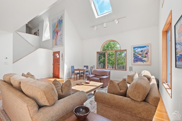 57 Spencer Rd, Austerlitz, NY 12017 - living area with a skylight, track lighting, light wood finished floors, baseboards, and high vaulted ceiling