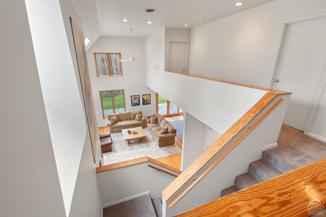 57 Spencer Rd, Austerlitz, NY 12017 - stairs featuring recessed lighting, a ceiling fan, and a towering ceiling