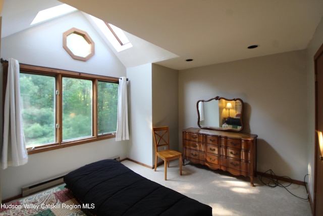41 Quads Way, Windham, NY 12496 - carpeted bedroom with a skylight, baseboard heating, multiple windows, lofted ceiling, and baseboards