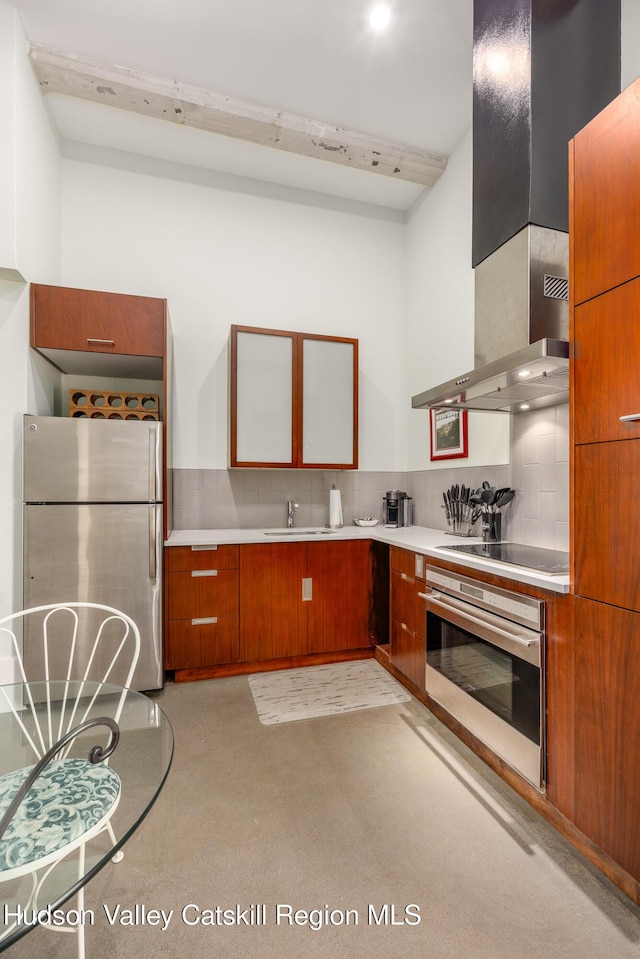 81 N Main St, Ellenville, NY 12428 - kitchen featuring a sink, appliances with stainless steel finishes, light countertops, and wall chimney range hood