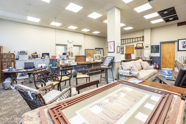 81 N Main St, Ellenville, NY 12428 - interior space with a drop ceiling, a high ceiling, and carpet floors