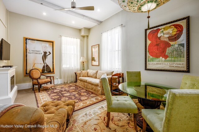 81 N Main St, Ellenville, NY 12428 - sitting room featuring beam ceiling, light carpet, a ceiling fan, recessed lighting, and baseboards