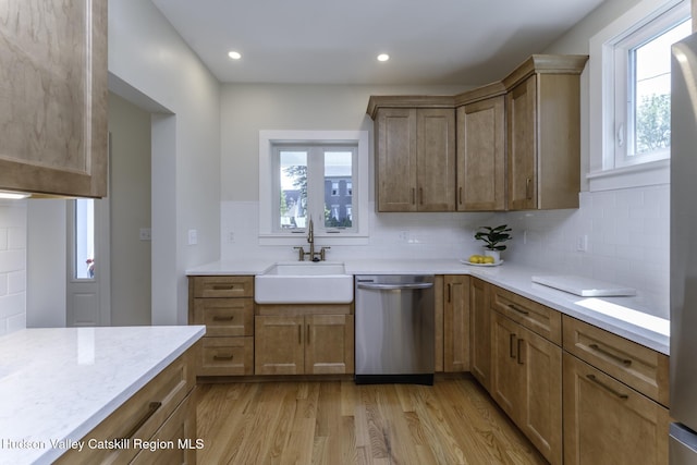 kitchen featuring light hardwood / wood-style floors, a healthy amount of sunlight, tasteful backsplash, dishwasher, and sink