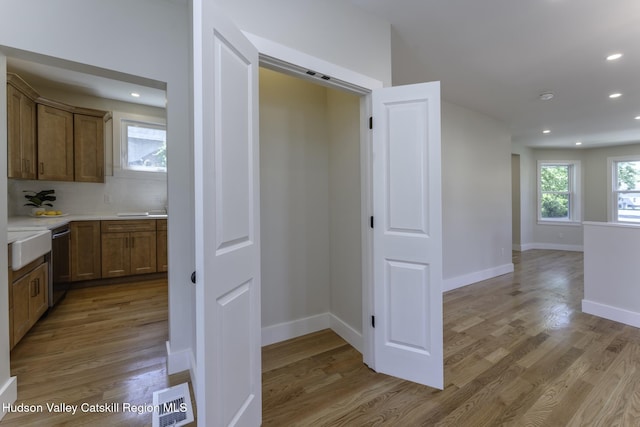 kitchen with decorative backsplash, light hardwood / wood-style floors, and dishwasher