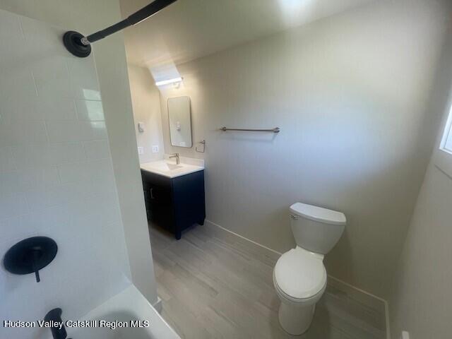 bathroom with vanity, hardwood / wood-style flooring, and toilet