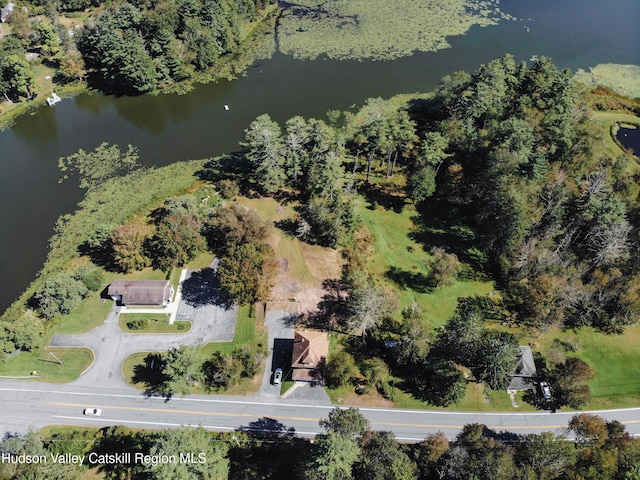 drone / aerial view featuring a water view