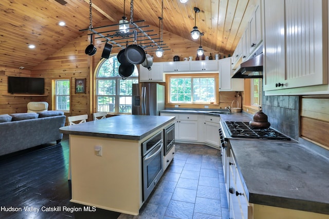 kitchen featuring white cabinets, a kitchen island, stainless steel appliances, and a wealth of natural light