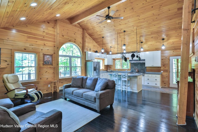 living room featuring high vaulted ceiling, wooden ceiling, dark wood-type flooring, and wooden walls