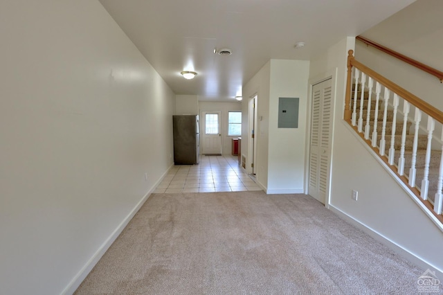 15023 Rte 23 Unit 5, Prattsville, NY 12468 - hallway with electric panel, light carpet, baseboards, stairway, and light tile patterned floors