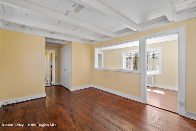 unfurnished room with wood-type flooring, baseboards, and beamed ceiling