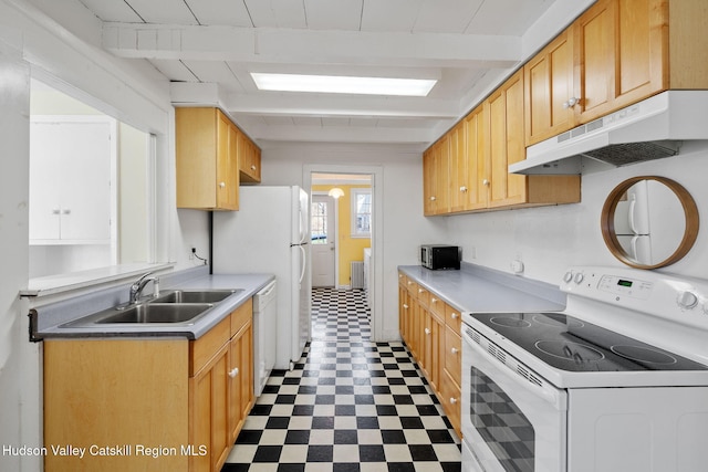 kitchen featuring a sink, white appliances, under cabinet range hood, beamed ceiling, and tile patterned floors