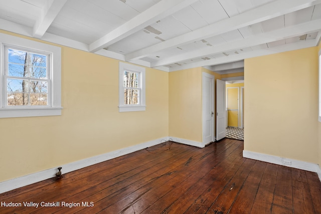 unfurnished room with beamed ceiling, baseboards, and dark wood finished floors