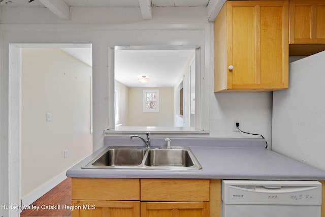 kitchen with wood finished floors, light countertops, a sink, white dishwasher, and baseboards