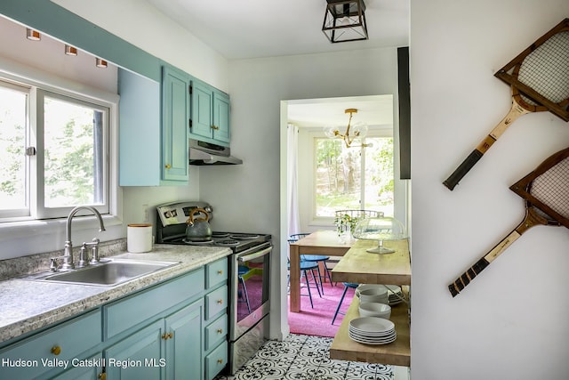 87 Boice Mill Rd, Kerhonkson, NY 12446 - kitchen featuring stainless steel electric range oven, a sink, under cabinet range hood, and healthy amount of natural light
