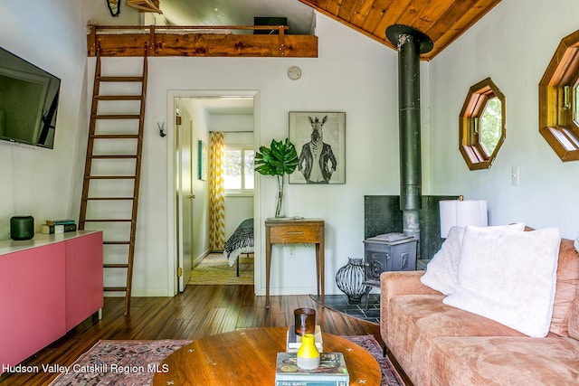 87 Boice Mill Rd, Kerhonkson, NY 12446 - living room featuring a wood stove, hardwood / wood-style floors, and vaulted ceiling