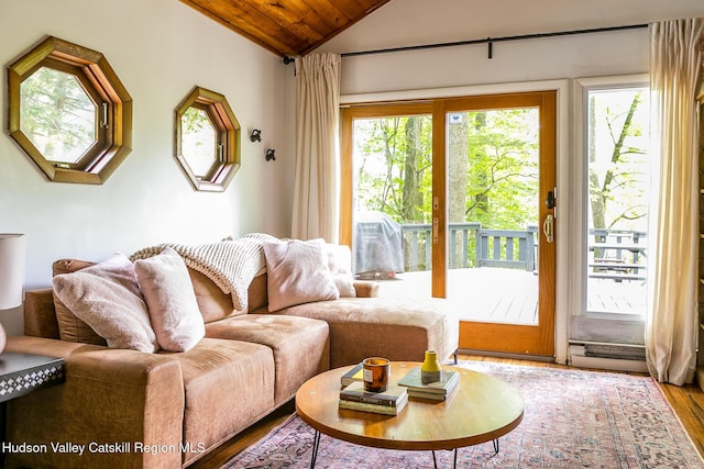 87 Boice Mill Rd, Kerhonkson, NY 12446 - living room featuring vaulted ceiling, plenty of natural light, wood finished floors, and wood ceiling