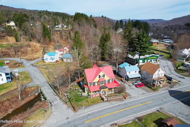 aerial view featuring a mountain view and a view of trees