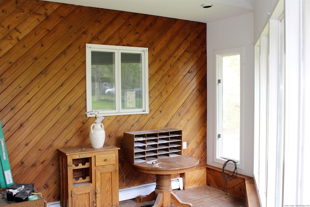 interior space featuring wood walls