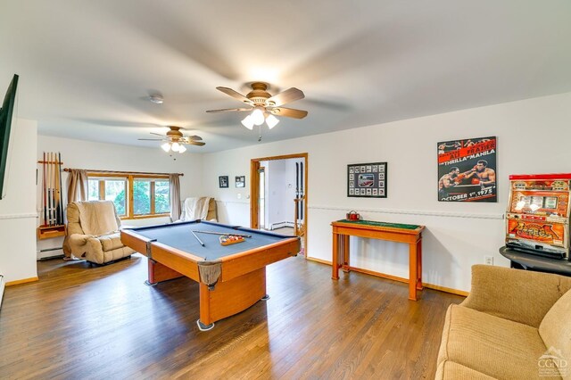 108 Botti Dr, Hunter, NY 12442 - recreation room with a baseboard radiator, pool table, ceiling fan, wood finished floors, and baseboards