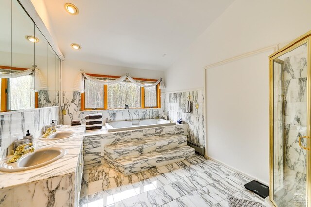 108 Botti Dr, Hunter, NY 12442 - full bath featuring a marble finish shower, a bath, marble finish flooring, double vanity, and lofted ceiling
