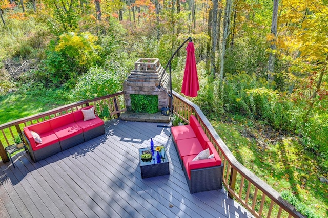 108 Botti Dr, Hunter, NY 12442 - deck featuring outdoor lounge area and a forest view