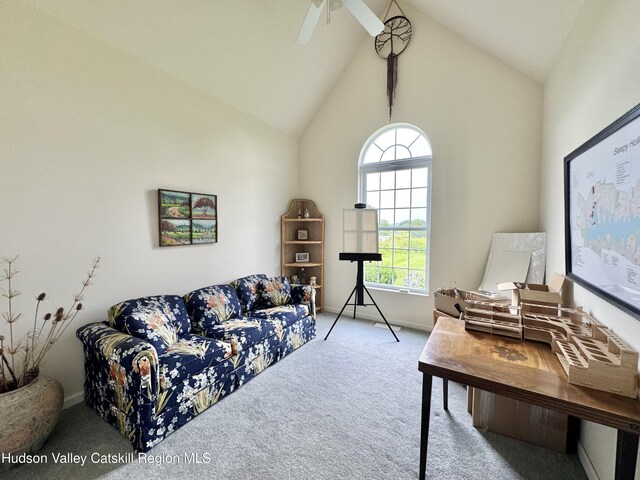 2914 Sleepy Hollow Rd, Athens, NY 12015 - carpeted living area featuring ceiling fan and high vaulted ceiling