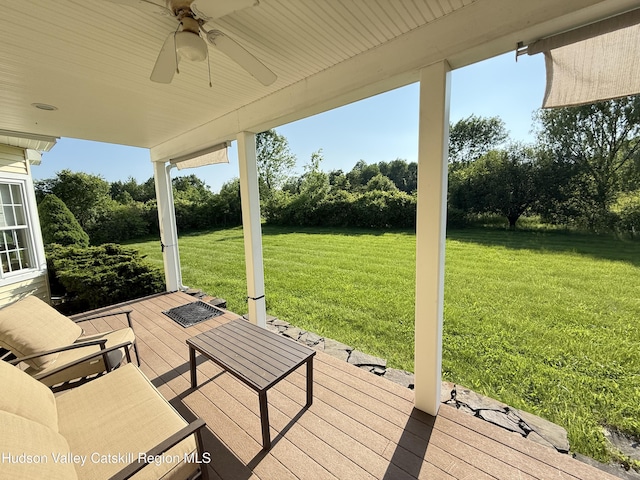 2914 Sleepy Hollow Rd, Athens, NY 12015 - wooden terrace featuring a ceiling fan, a yard, and view of scattered trees