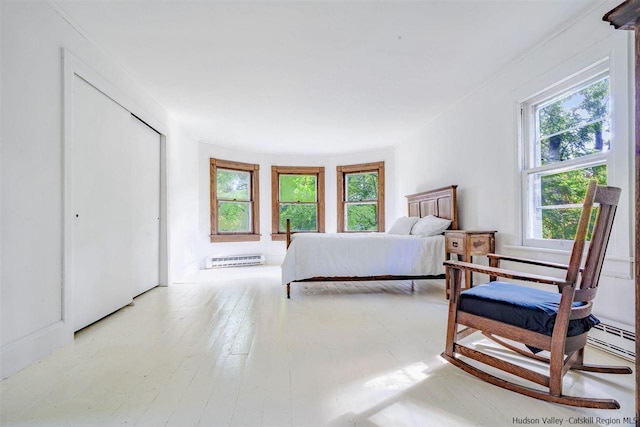 bedroom with light hardwood / wood-style floors and multiple windows