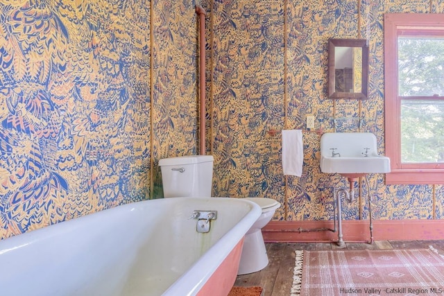 bathroom featuring a tub to relax in, wood-type flooring, and toilet