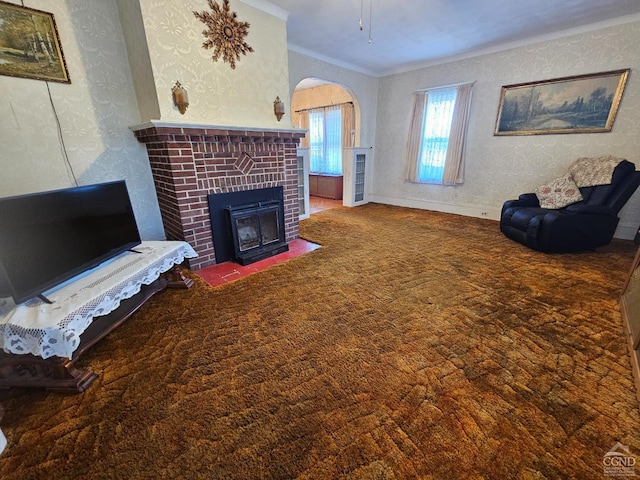 2322 US Route 9, Hudson, NY 12534 - living room featuring ornamental molding, a fireplace, arched walkways, carpet flooring, and wallpapered walls