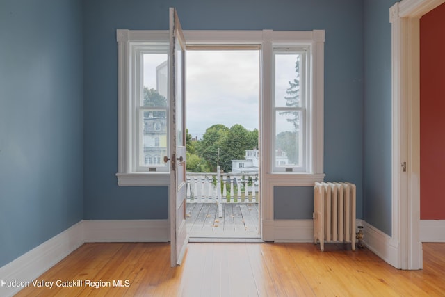 doorway to outside featuring radiator heating unit, plenty of natural light, and wood-type flooring