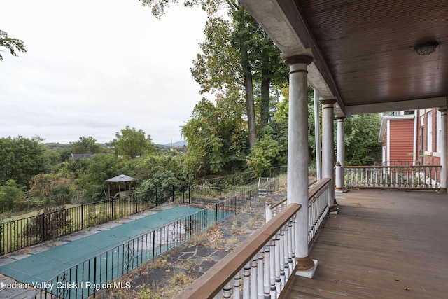 wooden deck with a covered pool