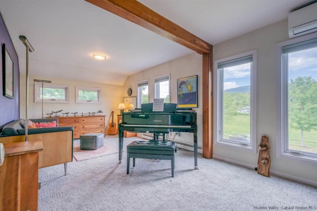 living area with a wall unit AC, carpet flooring, and lofted ceiling