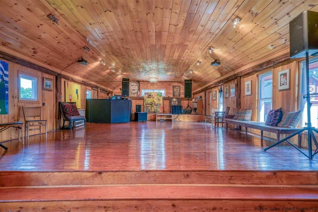 playroom featuring wooden ceiling, vaulted ceiling, wood walls, and wood finished floors