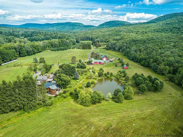 bird's eye view featuring a view of trees and a mountain view