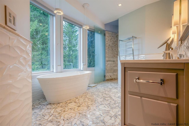 bathroom featuring a freestanding tub, a walk in shower, plenty of natural light, and vanity