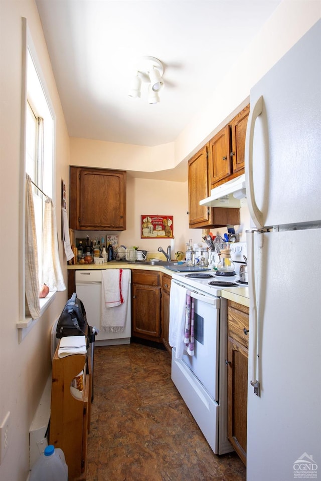 826 Rte 203, Austerlitz, NY 12165 - kitchen featuring white appliances, under cabinet range hood, brown cabinets, light countertops, and stone finish floors